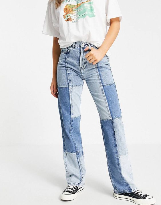 Topshop patchwork 90's straight leg jeans in bleach