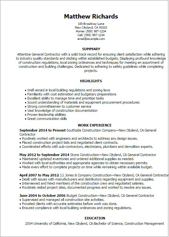 general contractor resume examples construction samples - general contractor resume general contractor resume examples construction samples - general contractor resume