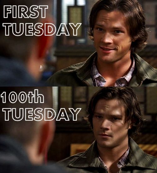 Too many Tuesdays. <-- Sam's face in the last one "I am so done, I might start killing Dean myself just to see what happens then. And then I won't have to explain the whole thing AGAIN." - Mystery Spot 3x11