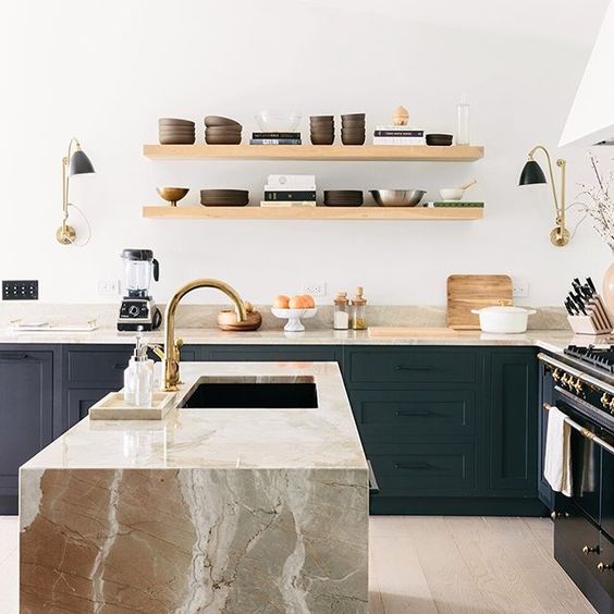 Stunning stone island (La Dolce Vita quartzite) in #modernfarmhouse kitchen. Cabinet paint color is Benjamin Moore "onyx" and walls are "decorator's white" #openshelves