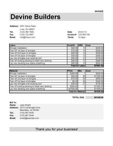 Roofing Invoice Template for Labor and Material Tools - labor invoice template free Roofing Invoice Template for Labor and Material Tools - labor invoice template free