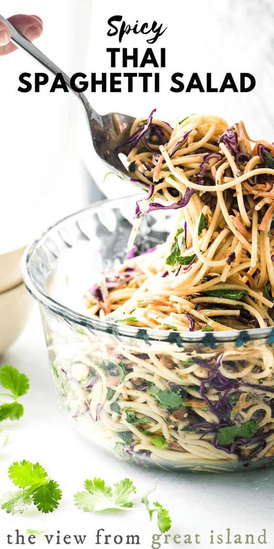 This yummy Spicy Thai Spaghetti Salad is an delicious twist on a potluck classic ~ quick to prepare using common ingredients, the Asian flavors in this colorful pasta salad really pop!