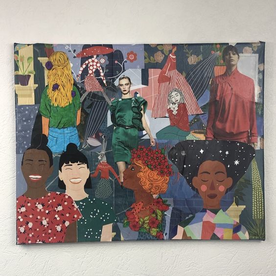 Tableaux collage toile tendue réf 1142 hauteur 40cm largeur 50cm couleur multicolore fait main modèle unique