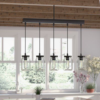 LNC 5 Glass Mason Jar Kitchen Island Lighting Multi Pendant Chandelier Wood Canopy, Brown Hanging Pendant Lights LNC 5 Glass Mason Jar Kitchen Island Lighting Multi Pendant Chandelier Wood Canopy, Brown Hanging Pendant Lights
