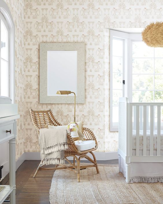 Who says a playful animal print cant be sophisticated? We painted this safari scene in soft neutral shades, then accented with metallic pops. Its a great addition to a powder room and so versatile in the nursery - its appropriate for little girls or boys, and brings a stylish note to the room even when baby outgrows the crib. To ensure gorgeous texture and depth in the print, we worked with a historical wallpaper company known for their unparalleled expertise. We designed the pattern ourselves f