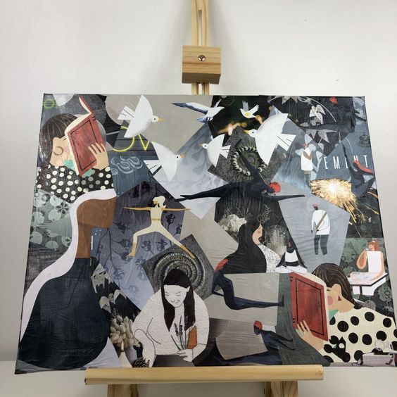 Tableaux collage toile tendue réf 2924 hauteur 40cm largeur 50cm couleur multicolore fait main modèle unique