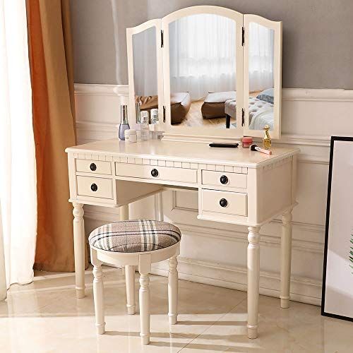 Square Mirror With Lights On Makeup Vanity Table With White Chair
