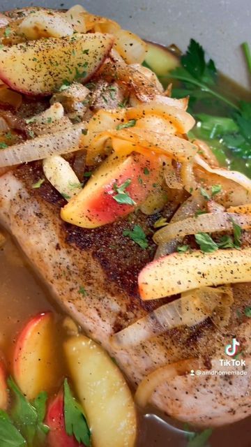 AMDhomemade on Instagram: "3 lb pork loin. Season with S&P and sear on all sides. Remove and set aside. In the same pan, add 1 onion sliced, 2 red apples sliced, and 3 cloves of garlic, chopped. Cook until slightly brown. Then add 1 Cup of apple cider and 1 cup of chicken broth to the pot. Stir in 1 spoonful of garlic base. Then add the pork back to the pan. Add fresh parsley and cook covered in the oven for 2 hours on 300. Let rest for at least 15 min."