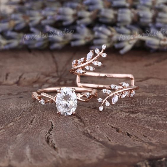 Oval Moissanite Engagement Ring Set Vintage Moissanite Floral - Etsy