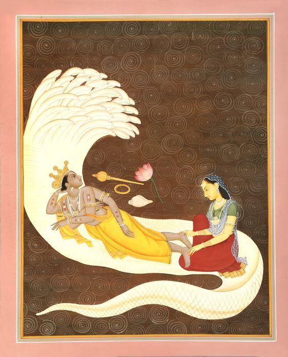 Water Color Painting On Paper - Devi Lakshmi In The Service Of Lord Vishnu