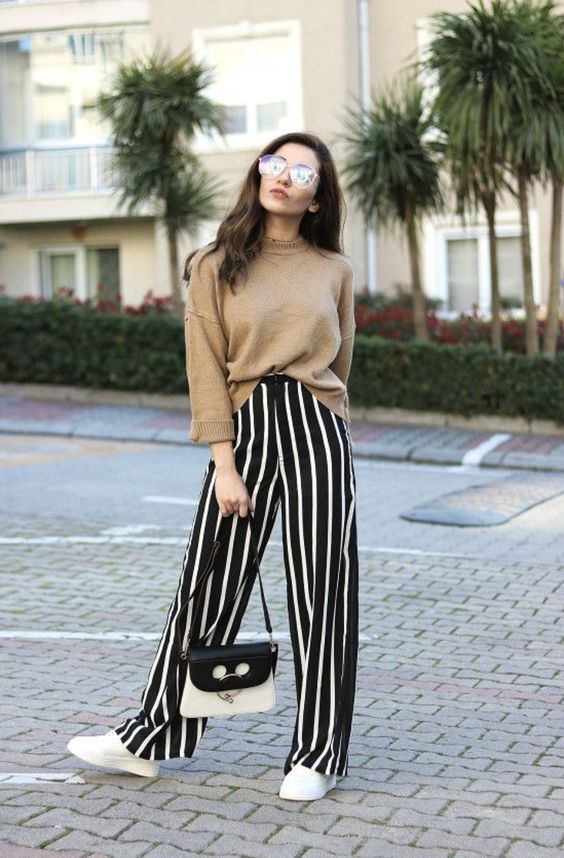 Wide leg striped trousers with oversized jumper