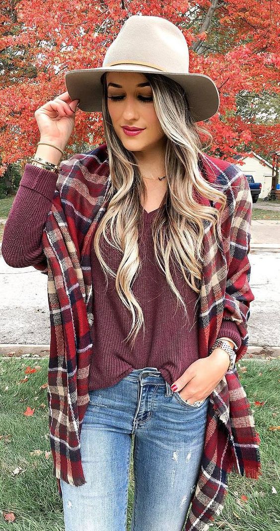 outfit of the day | hat + plaid scarf + sweater + jeans