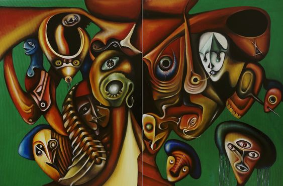 Wójtowicz Monica, Szczęśliwi przyjaciele, dyptyk, olej na płótnie, 73x100 cm, 2018 r.