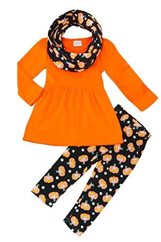Boutique Girls Halloween Outfit Set Pumpkin Ghost Spider Tunic Leggings w Infinity Scarf