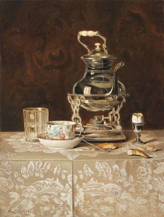 Austrian painter Max Schodl (1834 - 1921). Still Life with a Silver Teapot