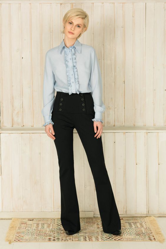 Blue ruffled viscose long sleeve shirt