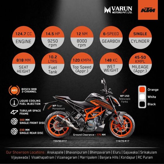 Varun KTM, a part of Varun Group, India\'s leading business conglomerate, is the authorized KTM dealer in Andhra Pradesh & Telangana. We offer sales and service facility for KTM bikes with best in class showrooms.