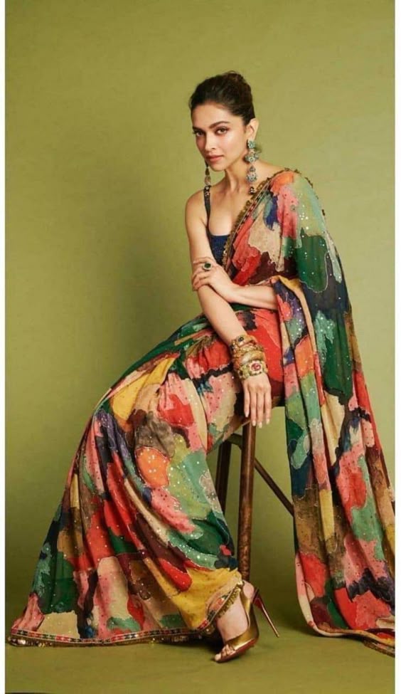 Buy Indian Saree Multi Color Saree Deepika Padukone Saree Satin Online in India - Etsy