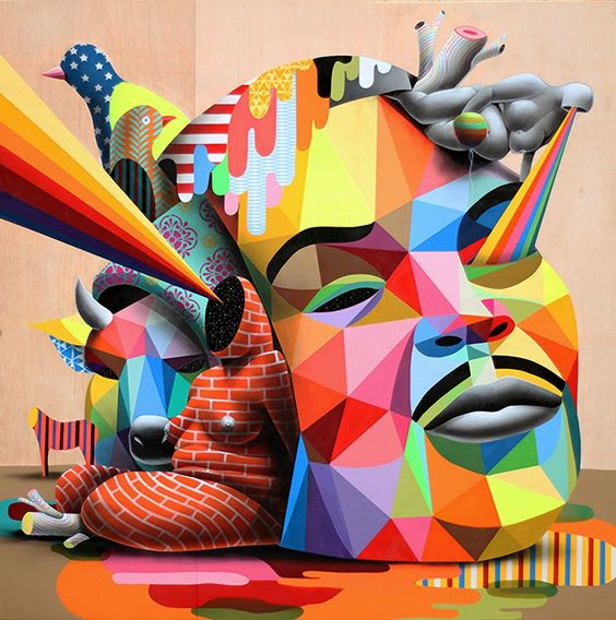 Vibrant paintings blending multicolored geometric structures with organic shapes, animals, and bodies without identity by Madrid-based multidisciplinary artist Okuda San Miguel.