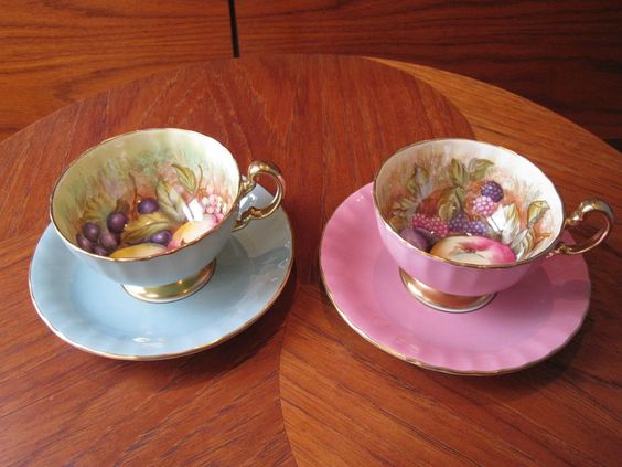Two (2) Aynsley Handpainted Orchard Fruit Tea Cups and Saucers - Signed D Jones