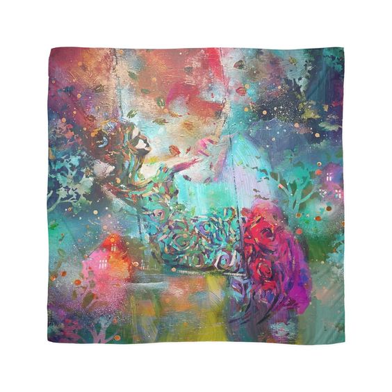 Microfiber polyester silky scarf with a slightly transparent effect. Vivid one side print, visible on the reverse. Artwork by Randi Antonsen