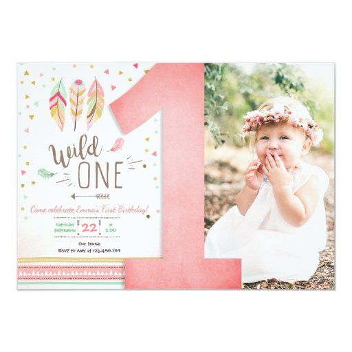 Pink Wild one Deer Antler Flowers First Birthday Party invite Gold Rustic Wood #2002 Arrow Hipster Adventure Girls Printable Printed