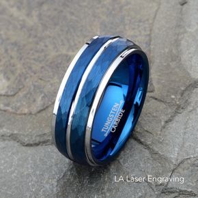 Mens Tungsten Wedding Band 8mm Blue Tungsten Ring Brushed