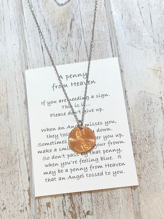 Comes as shown with poem card on 18 inch stainless steel chain Memorial necklace Memorial gift Pennies from Heaven Penny from Heaven In memory necklace In memory jewelry