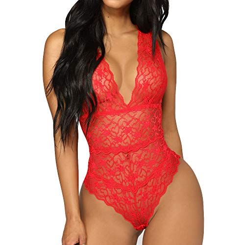 Women Ladies Babydoll One Piece Pajamas Lingerie Hollow Lace Bodysuit Nightwear