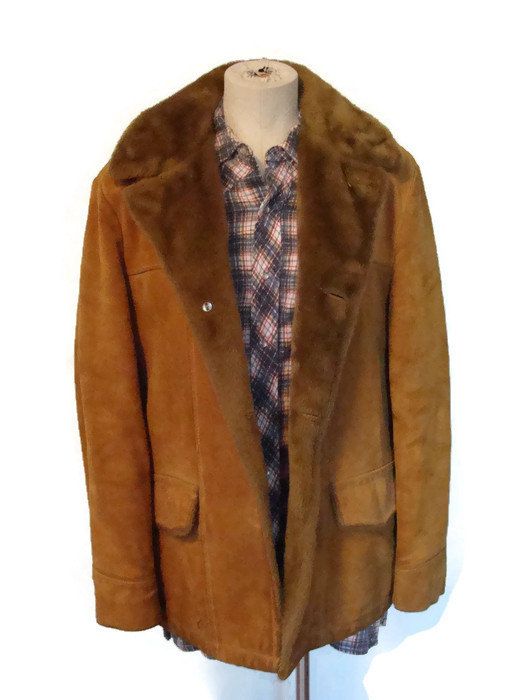 Vintage Suede Ranch Coat 1970s Faux Fur Lined Rugged Cowboy Mens Fashion Jacket Men Vintage Suede Ranch Coat 1970s Faux Fur, Mens Suede Fur Lined Coat