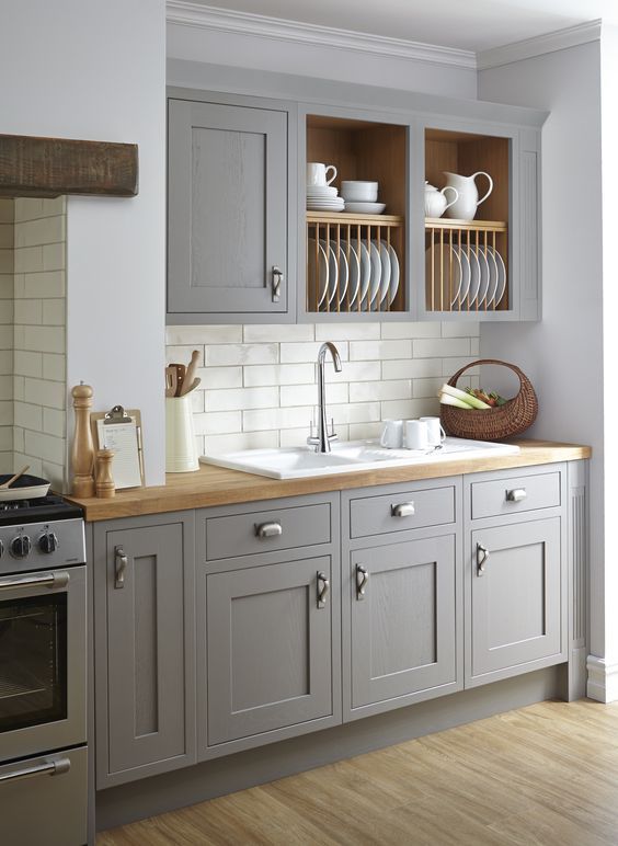 Vintage Grey Kitchen Is Softened With Wooden Countertops And A Subway Tile Backsplash Makes I Remodel Small Cabinet Design New Cabinets Kitchen Remodel Small Cabinet, Grey Kitchen Cabinets Tile Backsplash