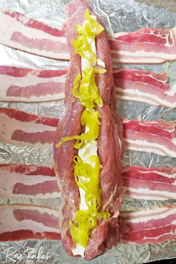 Bacon-Wrapped Pork Tenderloin Stuffed with Cream Cheese & Pepperoncini