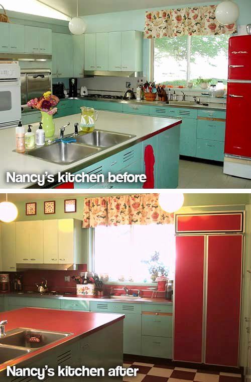 Kitchen With Red Accents New Nancy S Metal Kitchen Cabinets A Fresh Coat Of Paint Metal Kitchen Cabinets Metal Kitchen Retro Kitchen