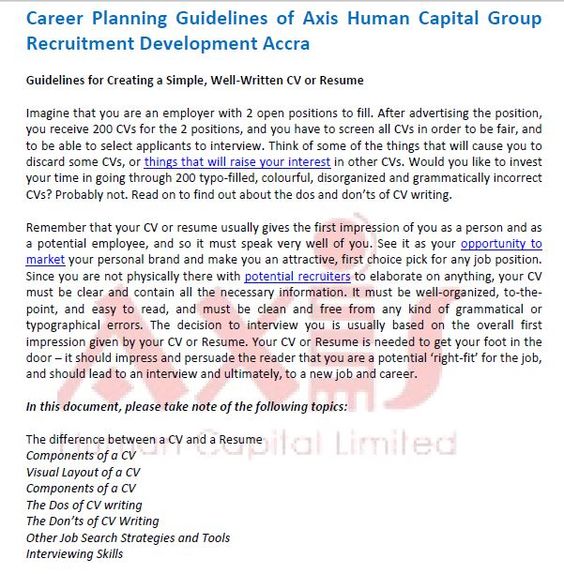 Career Planning Guidelines of Axis Human Capital Group Recruitment - resume guidelines Career Planning Guidelines of Axis Human Capital Group Recruitment - resume guidelines