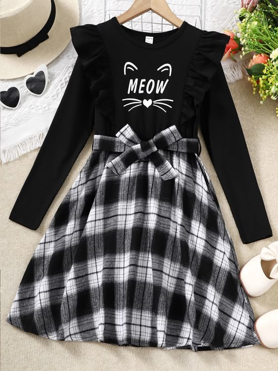 Black and White Cute Collar Long Sleeve Fabric Letter,Plaid A Line Embellished Slight Stretch Girls Clothing