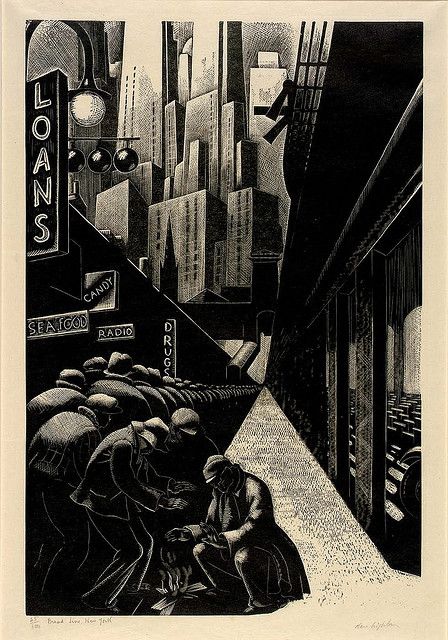 Clare Leighton: Bread Line, New York, 1932 wood engraving