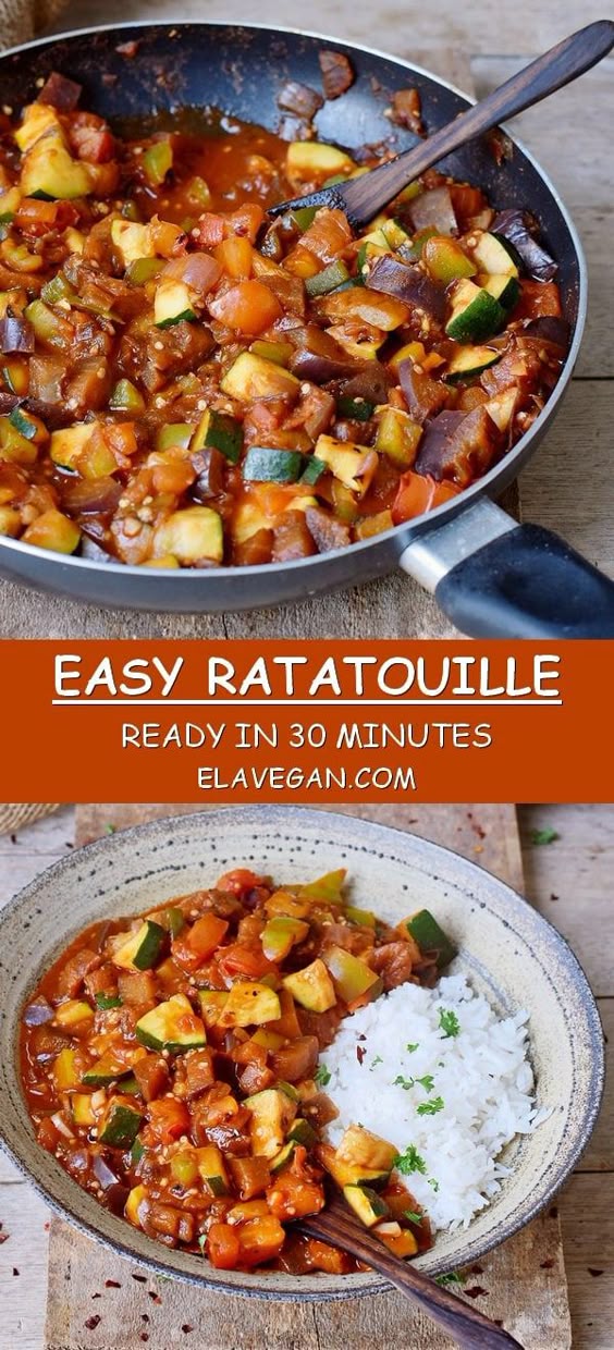 This easy Ratatouille recipe can be made in about 30 minutes. It\'s low-carb, keto, vegan, gluten-free, low in calories, and fat. A tasty dinner or side dish which contains healthy ingredients such as eggplant (aubergine), zucchini, tomatoes, peppers, etc. This flavorful veggie stew can be also served with bread or rice. #Ratatouille #vegan #glutenfree #lowcarb #stew #elasrecipes | elavegan.com