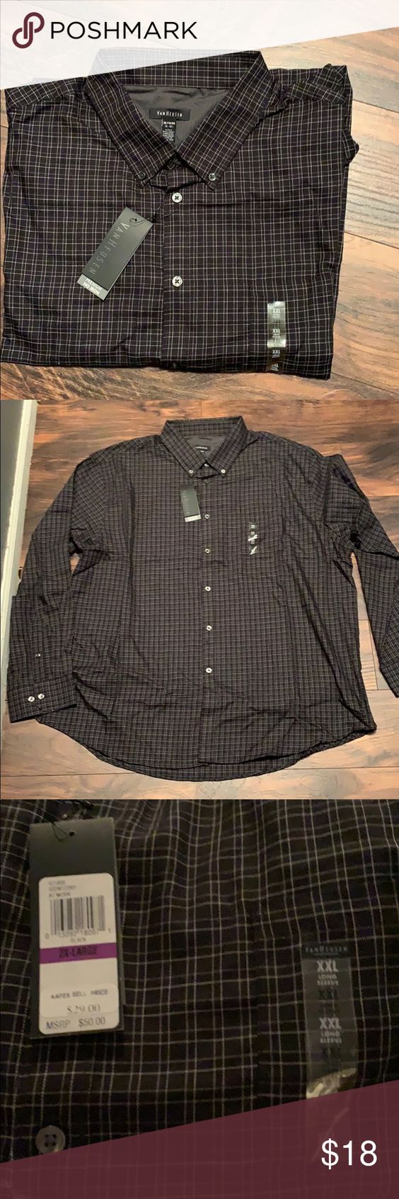 NWT VAN HEUSEN PREMIUM NO IRON LONG SLEEVE DRESS SHIRT Reg Fit BROWN Plaid