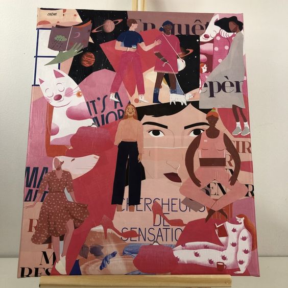 Tableaux collage toile tendue réf 2806 hauteur 46cm largeur 38cm couleur rose/multicolore fait main modèle unique