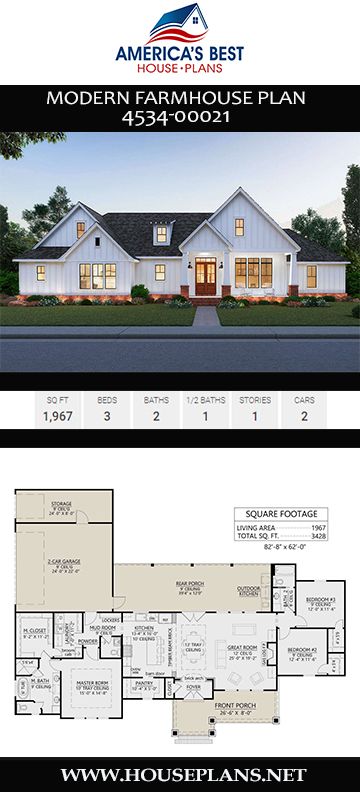 House Plan 4534 00021 Modern Farmhouse 1 967 Square Feet 3 Bedrooms 2 5 Bathrooms Plans Modern Farmhouse Plan, Single Story Farmhouse Plans