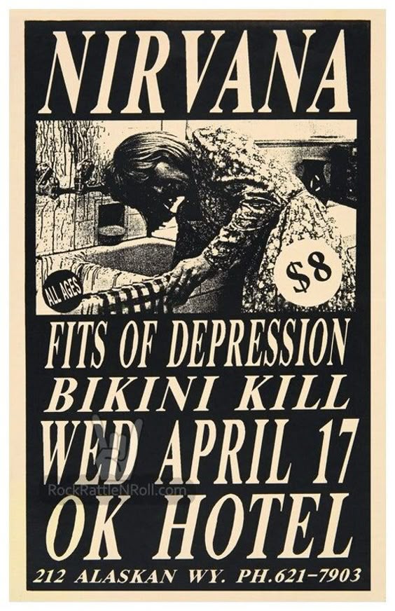 "WATERMARK NOT ON POSTER! QUALITY POSTERS! NIRVANA 1991 Concert Poster 11x17 Repro OK Hotel Kurt Cobain Seattle Guitar Hero Wall Art Iconic Grunge Artist US Tour New York Performance. Looks great framed. Crazy questionable design, rate and hard to find poster flyer. Limited. We sell a limited selection of quality classic vintage reproduction posters from the 60s 70s 80 size to 11x17 for easy framing. Printed on heavy card stock paper with a Matt finish. Looks awesome framed! Makes a great gift f