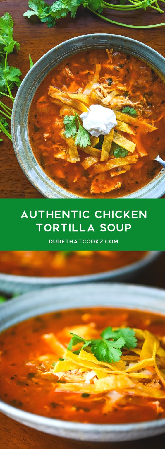 An authentic (and easy) Chicken Tortilla Soup recipe made with fresh ingredients, like onion and cilantro, and topped with crispy fried tortilla strips. #tortillasoup #chickentortillasoup #mexicansoup #souprecipes #easysoups #soup #mexicansoups