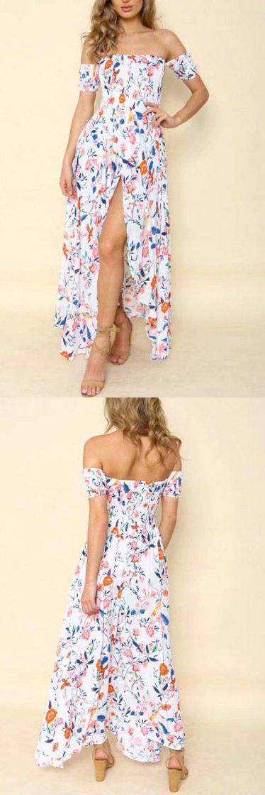 Vestido Mullet Longo Floral Decote CIganinha Ombro A Ombro Manga Curta com Fenda para Festa Verao | UFashionShop