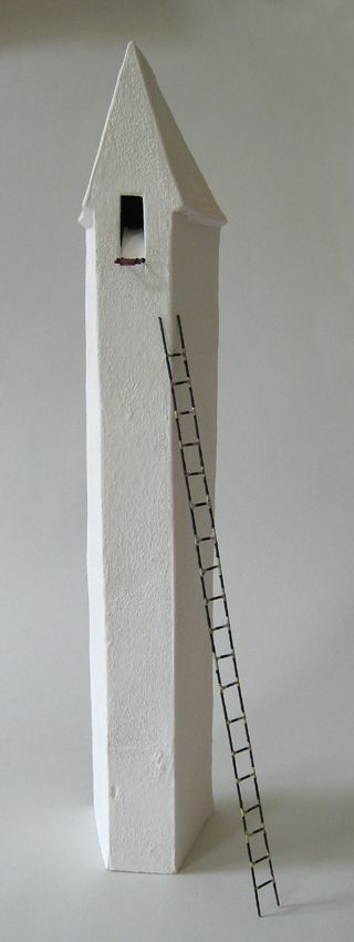 Mixed-media stoneware house with underglazes, stains, slips, textures, decals and brazed steel wheels and ladders. They range from 22cm to 54cm high. Houses on Behance