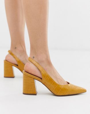 New Look slingback block heeled shoes in dark yellow croc | ASOS