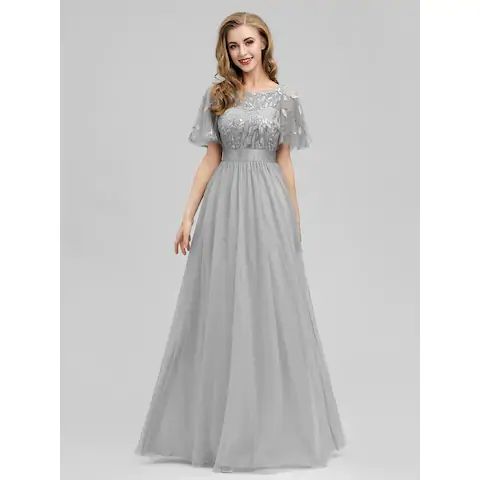 Ever-Pretty Formal Party Dress Long A-Line Mesh Grey Ball Bridesmaid Gown 00904