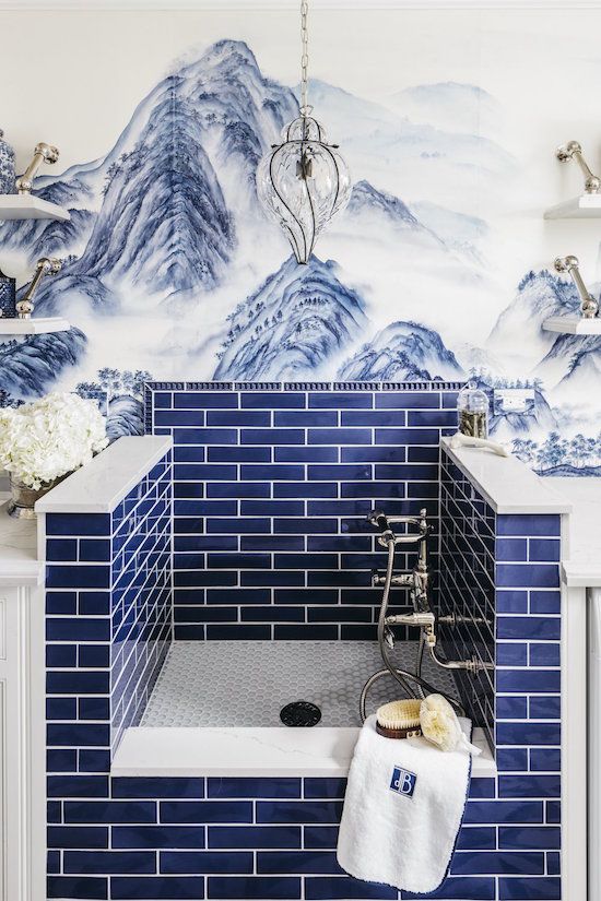 Bold blue tiled pet shower in a laundry room designed by Dina Bandman for the San Fransisco Decorator Showhouse made my jaw drop in the best way possible, #petshower #luxurious #laundryroom #bluetile