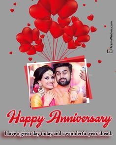 Hearts Ballons Happy Wedding Anniversary Photo Frame With Wish For Lovely Couple or Partner