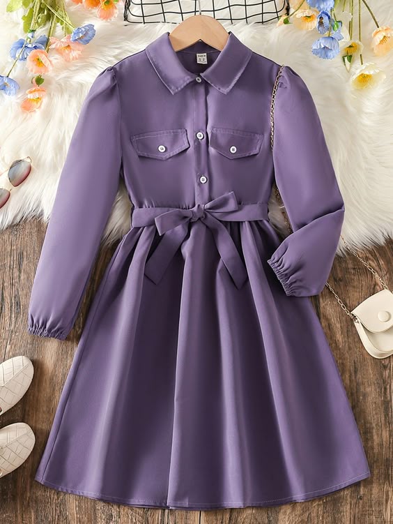 Violet Purple Casual Collar Long Sleeve Fabric Plain Shirt Embellished Non-Stretch Girls Clothing