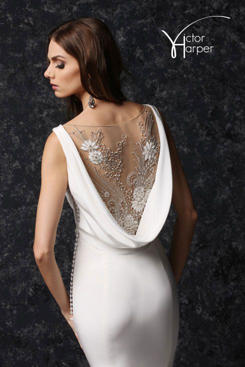 Bateau Neck with Cowl Beaded Illusion Back Fit and Flare Wedding Gown with Side button detai